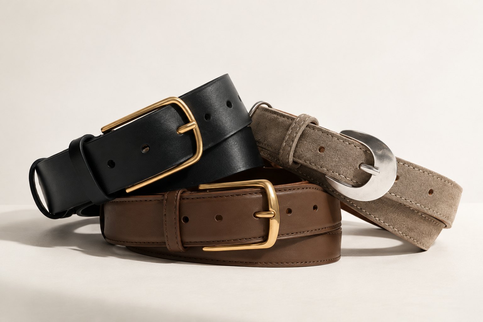 Black, brown and suede leather belts with gold and silver buckles